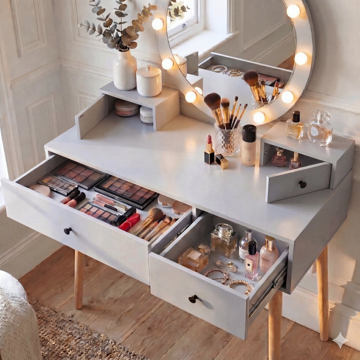 Modern Dressing Table With Hollywood Mirror and Drawers Modern Dressing Table With Hollywood Mirror and Drawers