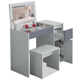 Grey dressing table stool with storage,mirror featuring organized compartments.