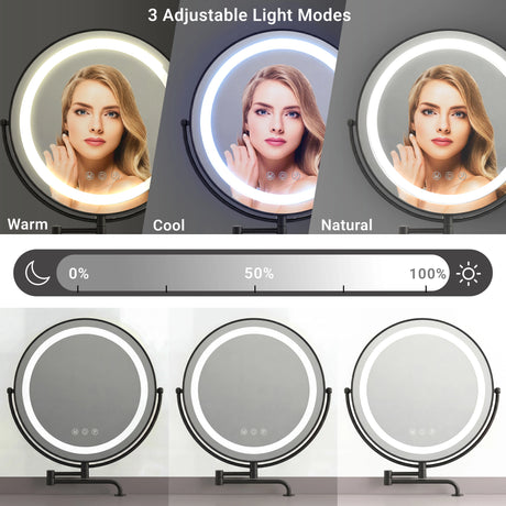 Grey makeup table with LED lights, featuring three adjustable lighting modes for perfect makeup experience