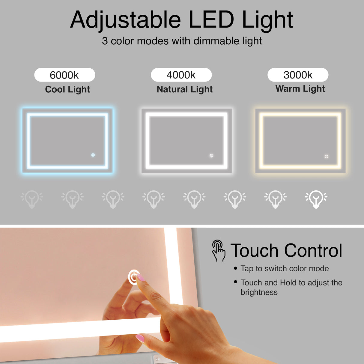 Adjustable LED light with color modes and touch control on a gray background