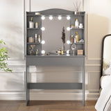 Grey dressing table with mirror and LED lights, featuring 5 side shelves and 1 large drawer, ideal for bedroom vanity setups. DHS makeup vanity desk with adjustable lighting and ample storage.
