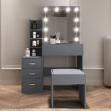 Grey dressing table with mirror, LED lights, drawers, and stool for modern bedroom decor.