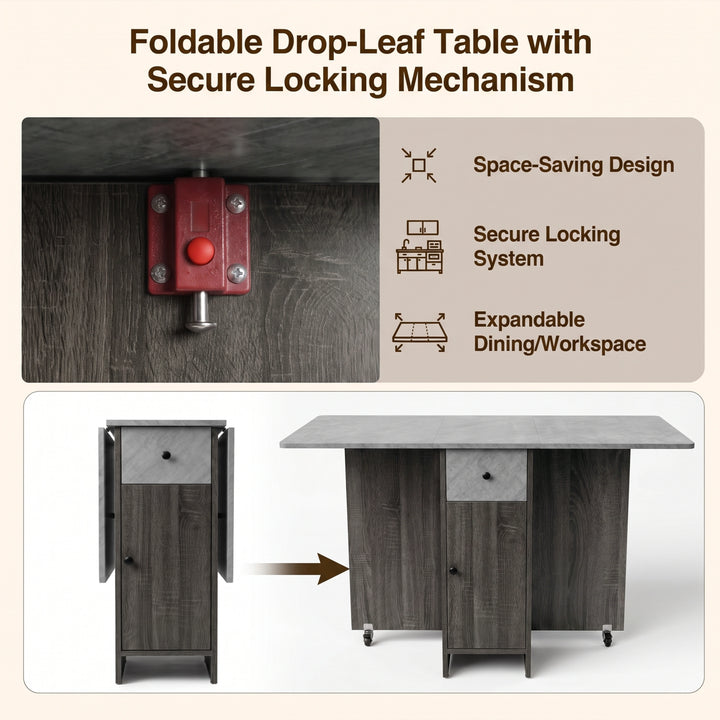 [Grey] Drop leaf dining table guide showing the red secure locking catch & steps from folded to fully open using side leaves.