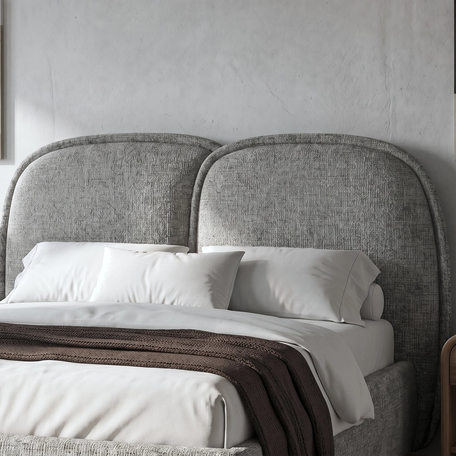 [Double | Grey] Embracea headboard close-up showing two arched upholstered panels in textured boucle fabric