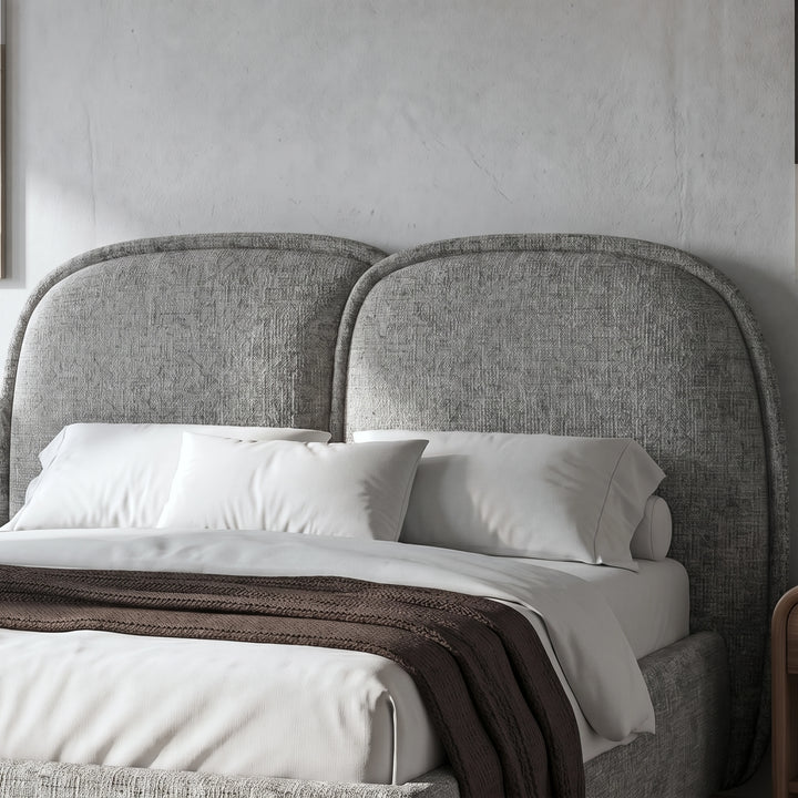 [Double | Grey] Embracea headboard close-up showing two arched upholstered panels in textured boucle fabric