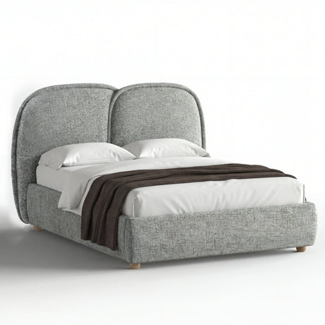 [King | Grey] Embracea upholstered bed in three-quarter product view on white background showing full frame and oak feet