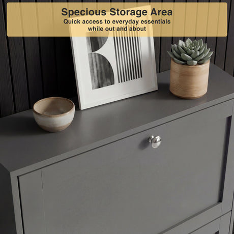 Grey hallway shoe cabinet top surface styled with decor highlighting additional storage space