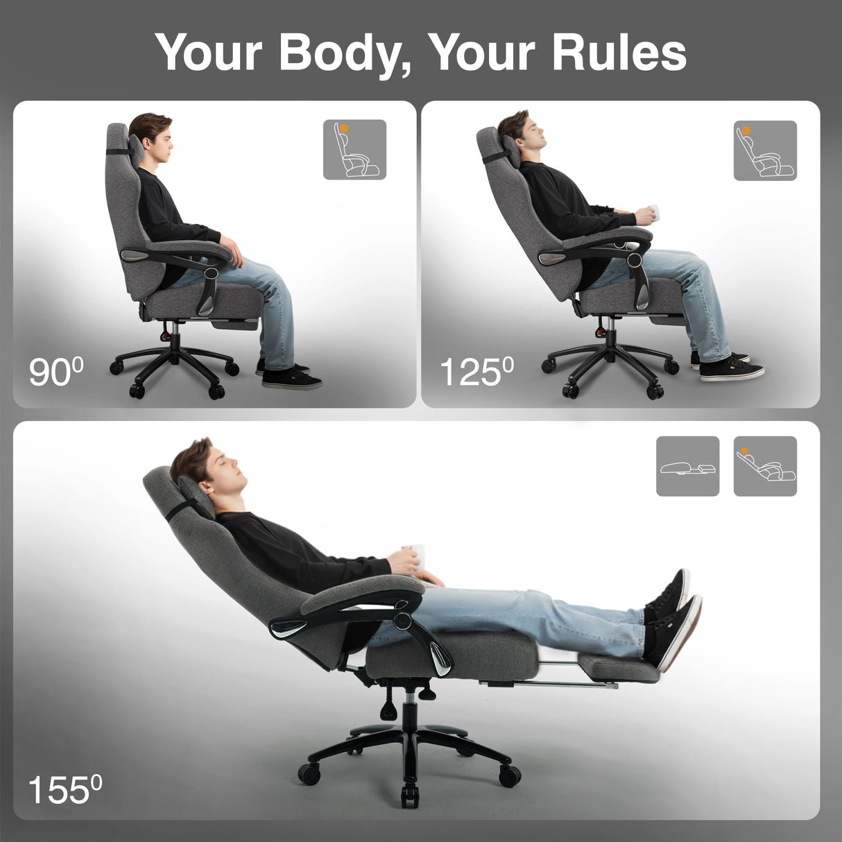 Ergonomic chair with adjustable angles shown on a gray background