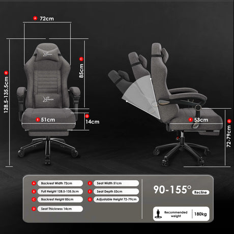 Grey office chair with detailed measurements on a black background
