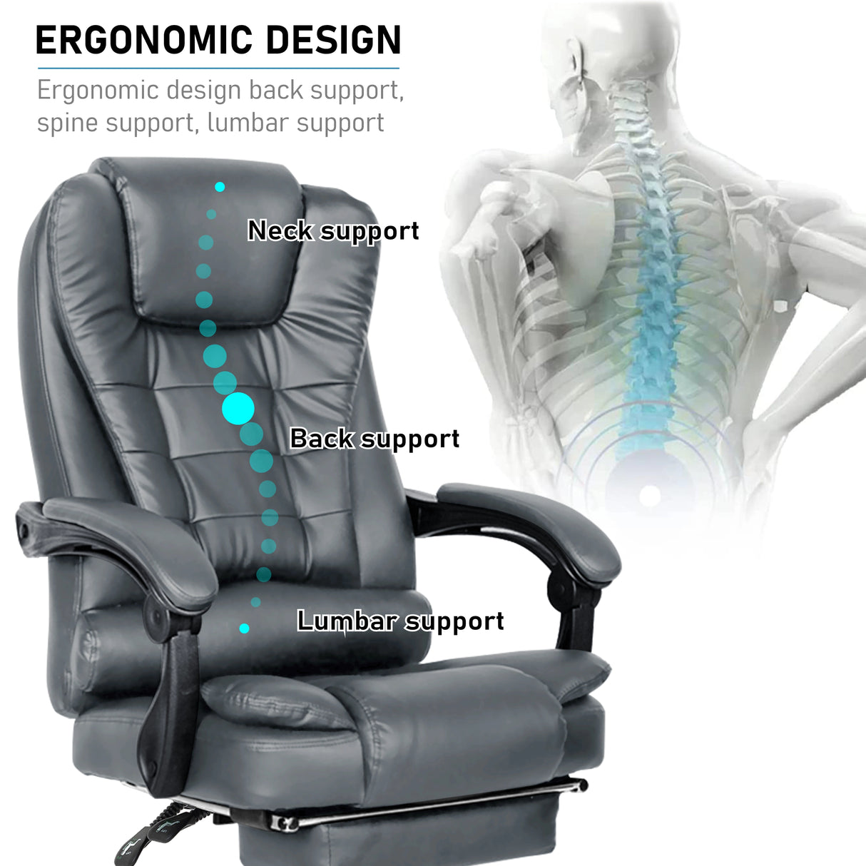 The grey comfortable office chair features ergonomic lumbar support designed to promote healthy posture and reduce strain.