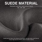 Grey suede material with text highlighting its properties