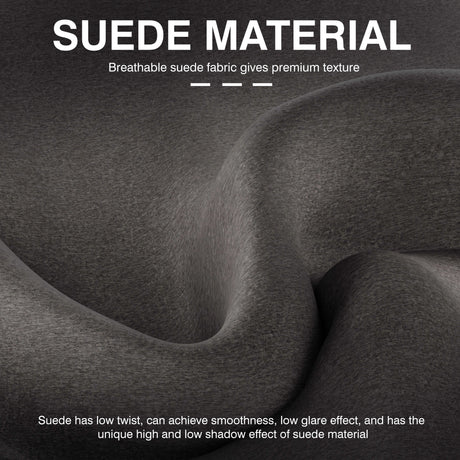 Grey suede material with text highlighting its properties.