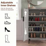 [Grey] Fluted Grey Painted 5 Tier Shoe Storage Cabinet interior infographic showing adjustable shelf positions for boots, trainers, heels and ankle boots