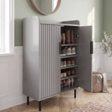 [Grey] Fluted Grey Painted 5 Tier Shoe Storage Cabinet angled open view showing four interior shelves with boots, trainers and heeled shoes