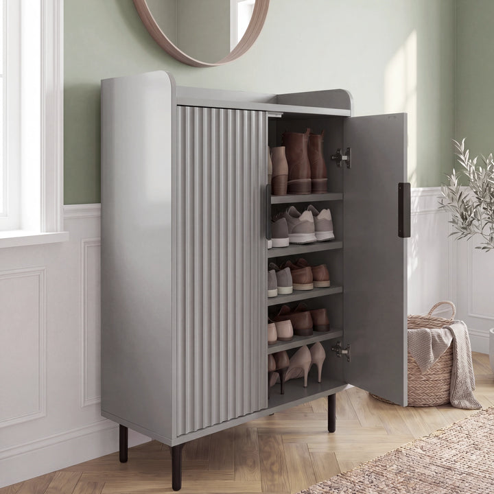 [Grey] Fluted Grey Painted 5 Tier Shoe Storage Cabinet angled open view showing four interior shelves with boots, trainers and heeled shoes