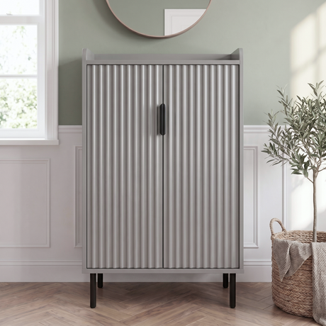 [Grey] Fluted Grey Painted 5 Tier Shoe Storage Cabinet closed front view with dual fluted doors, matte black handles and cylindrical black legs