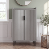 [Grey] Fluted Grey Painted 5 Tier Shoe Storage Cabinet closed front view with dual fluted doors, matte black handles and cylindrical black legs