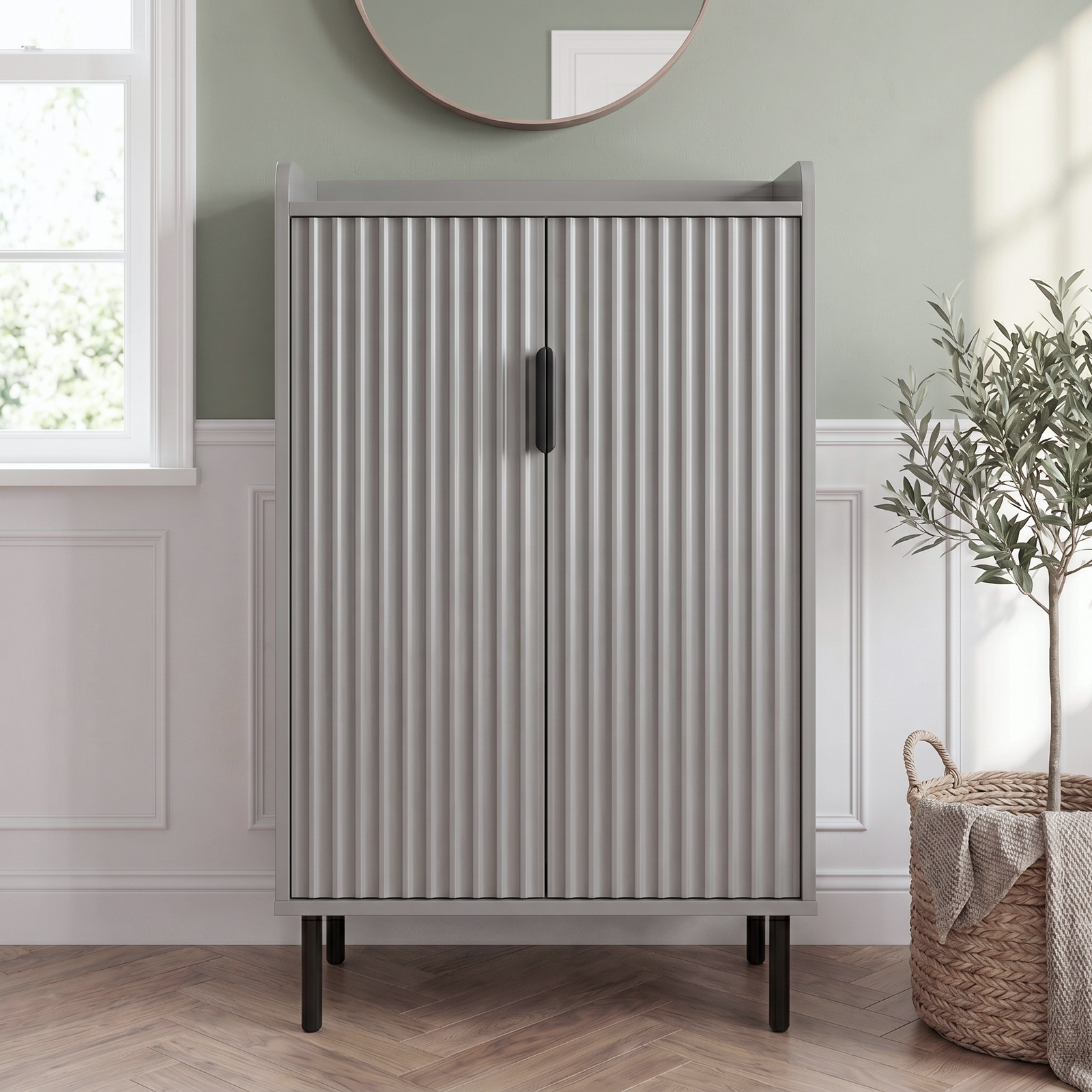 [Grey] Fluted Grey Painted 5 Tier Shoe Storage Cabinet closed front view with dual fluted doors, matte black handles and cylindrical black legs