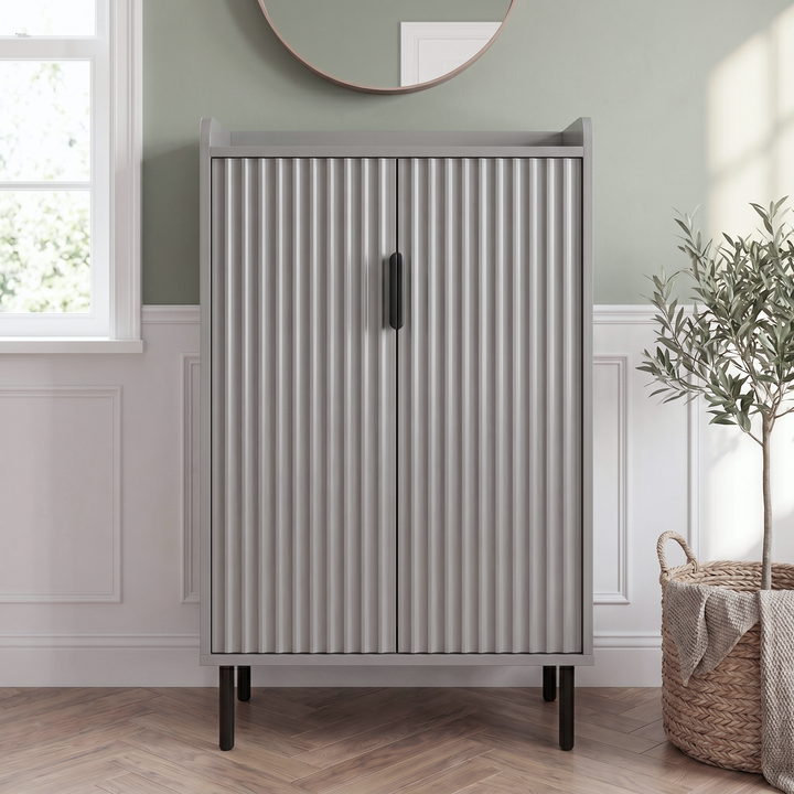 [Grey] Fluted Grey Painted 5 Tier Shoe Storage Cabinet closed front view with dual fluted doors, matte black handles and cylindrical black legs