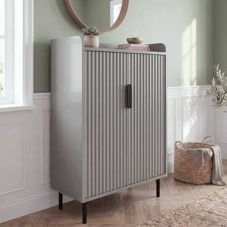 [Grey] Fluted Grey Painted 5 Tier Shoe Storage Cabinet in styled hallway with succulent and stacked books displayed on the raised-edge top tray