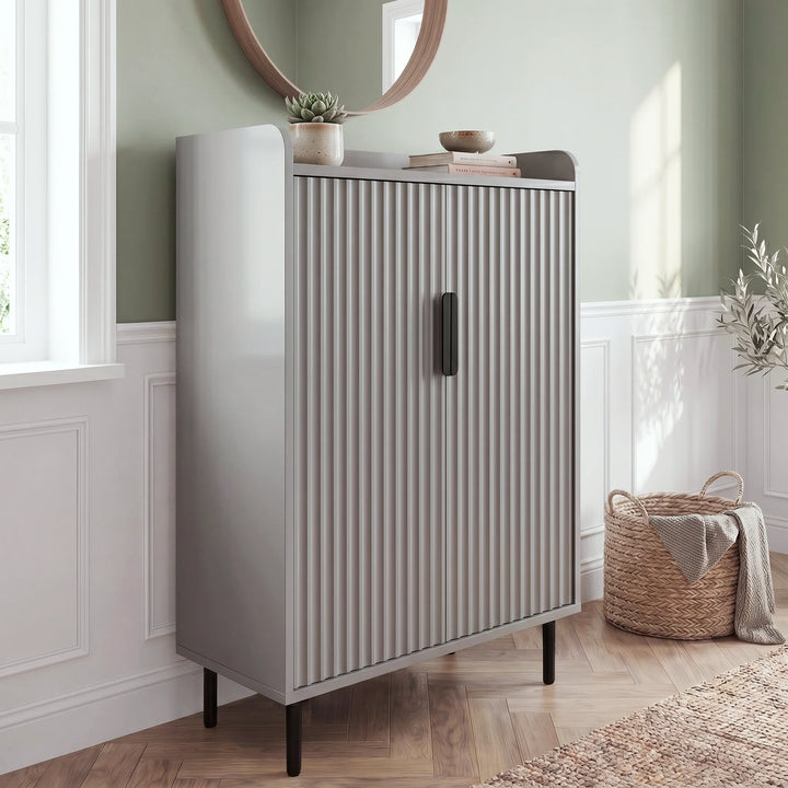 [Grey] Fluted Grey Painted 5 Tier Shoe Storage Cabinet in styled hallway with succulent and stacked books displayed on the raised-edge