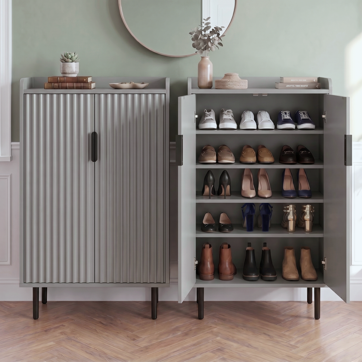 [Grey] Fluted Grey Painted 5 Tier Shoe Storage Cabinet shown as a pair, one open displaying five shelf tiers loaded with trainers, loafers, heels and boots
