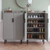 [Grey] Fluted Grey Painted 5 Tier Shoe Storage Cabinet shown as a pair, one open displaying five shelf tiers loaded with trainers, loafers, heels and boots