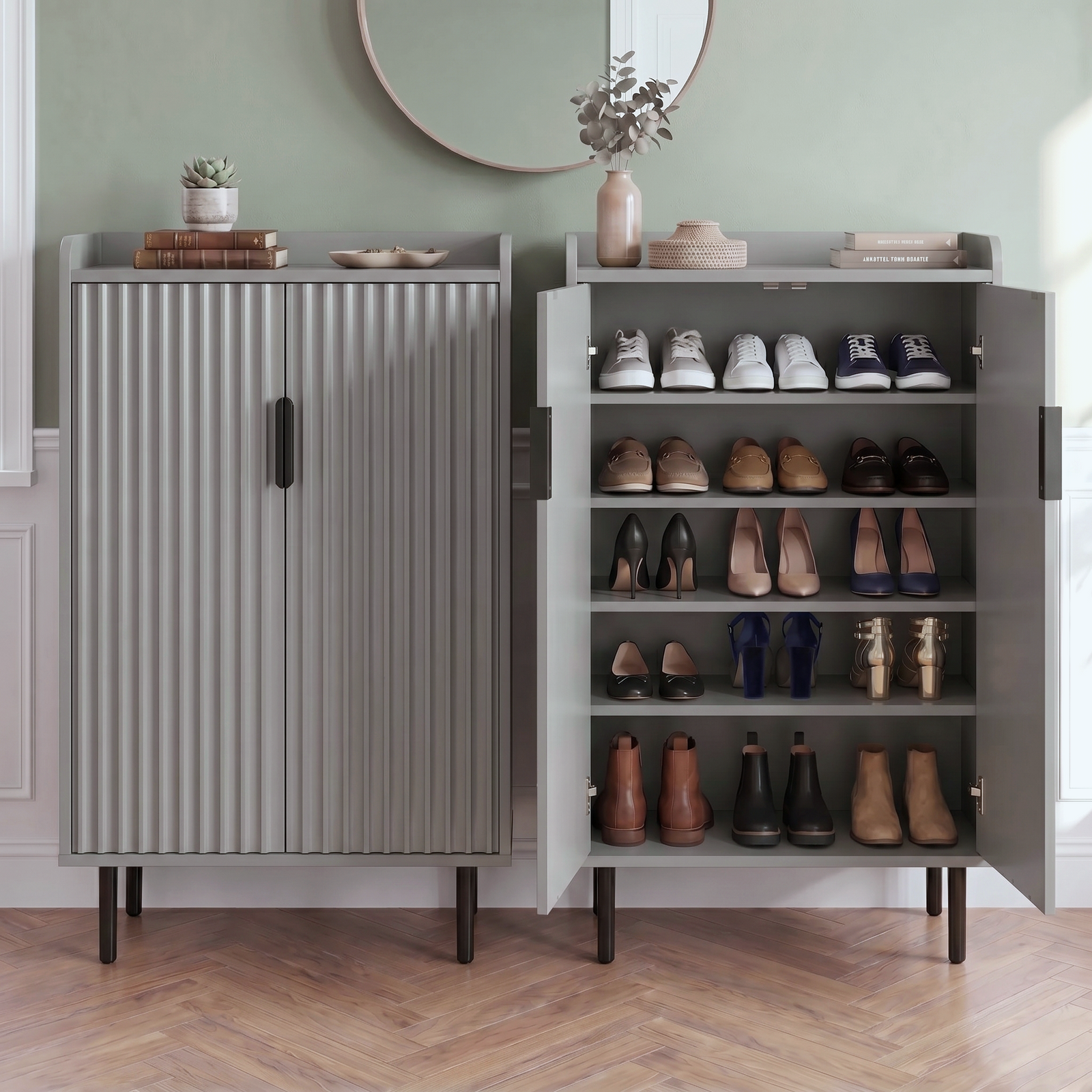 [Grey] Fluted Grey Painted 5 Tier Shoe Storage Cabinet shown as a pair, one open displaying five shelf tiers loaded with trainers, loafers, heels and boots