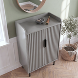 [Grey] Fluted Grey Painted 5 Tier Shoe Storage Cabinet overhead angle highlighting the raised-edge display tray top with decorative bowl and objects