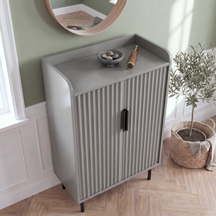 [Grey] Fluted Grey Painted 5 Tier Shoe Storage Cabinet overhead angle highlighting the raised-edge display tray top with decorative bowl and objects
