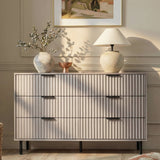 [Grey] Flutrina 6-drawer chest styled in a warm beige bedroom with vase, lamp and wall art
