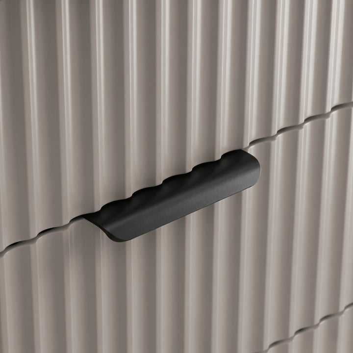 [Grey] Close detail of grey flutrina drawer front with black recessed bar pull handle on the 6 drawer chest