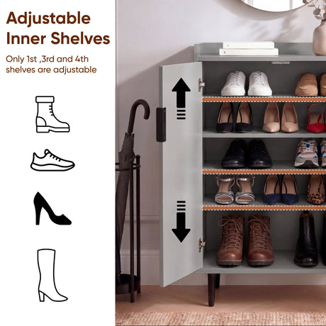 [Grey | 60cm] Flutrina shoe cabinet one door open with adjustable shelf arrows and shoes arranged across five tiers