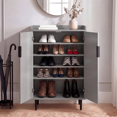 [Grey | 60cm] Flutrina shoe cabinet with both doors open in a hallway showing five shelves of heels, trainers, and boots
