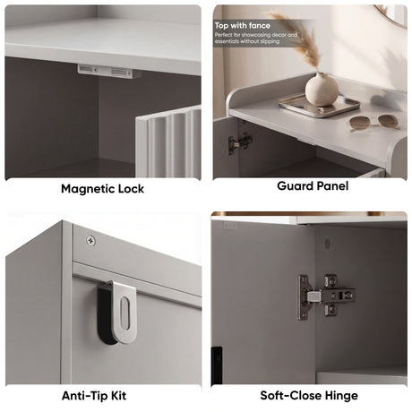 [Grey | 60cm] Flutrina detail composite of magnetic lock, guard panel surface, anti-tip wall bracket, and soft-close hinge 