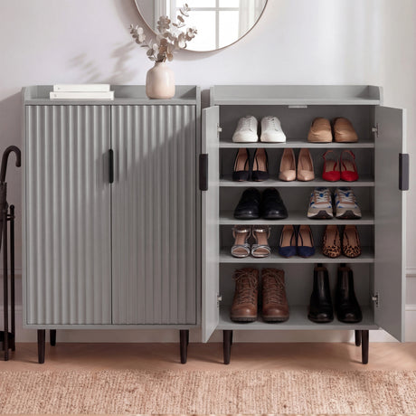 [Grey | 60cm] Two Flutrina shoe cabinets side by side, one with fluted doors closed and one open showing shoes inside