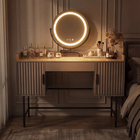 Modern grey Flutrina dressing table with integrated LED mirror, spacious drawers, and sleek design for your bedroom