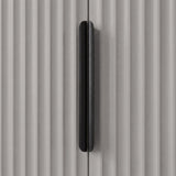 Grey wardrobe with black handle, close up mounted vertically on textured flutrina two door panel
