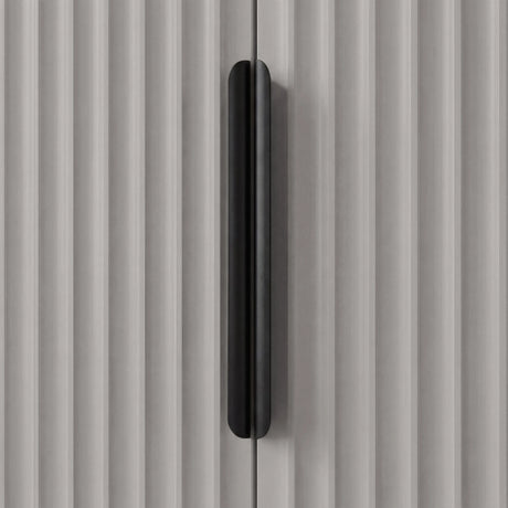 Grey wardrobe with black handle, close up mounted vertically on textured flutrina two door panel
