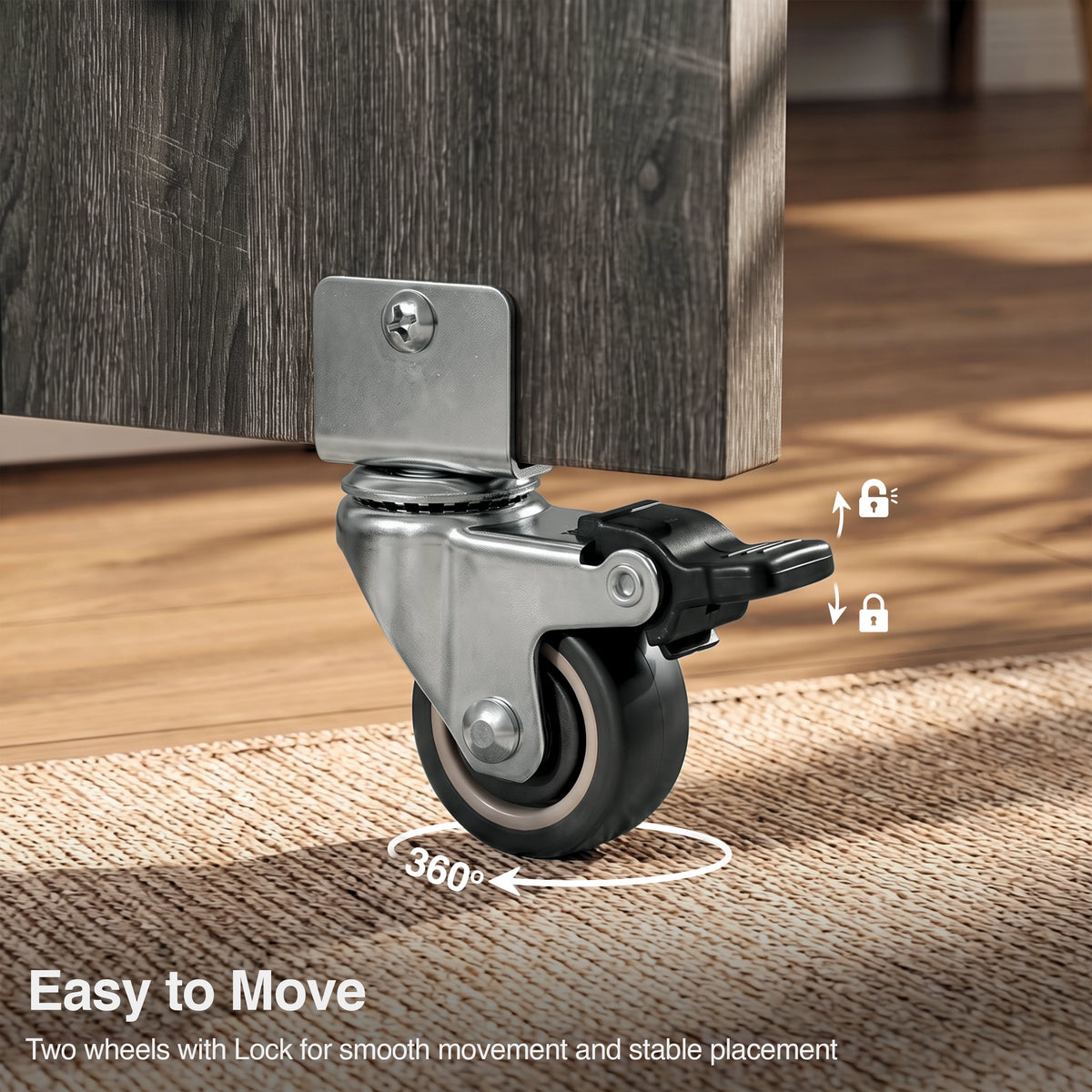 [Grey] Dining table with wheels close-up view showing a 360-degree swivel caster and foot-operated brake.