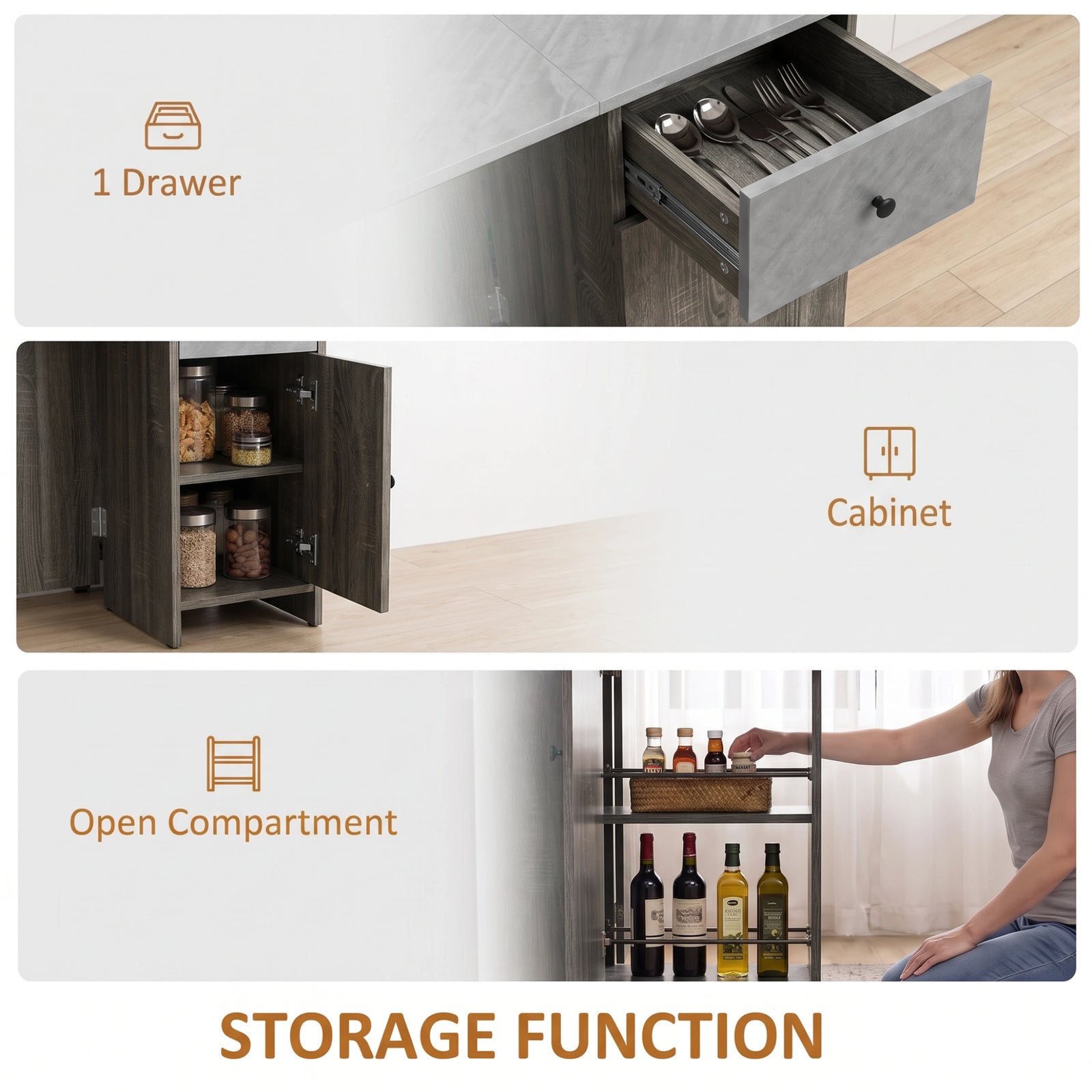 [Grey] Folding table with storage guide showing a cutlery drawer, two-shelf cabinet and two open side shelves with rods.