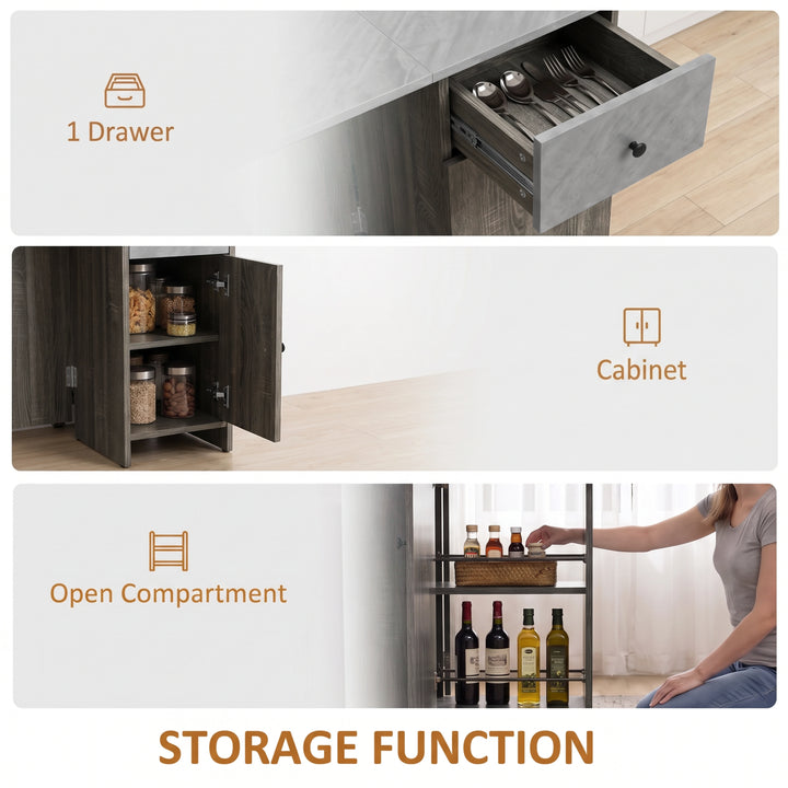 [Grey] Folding table with storage guide showing a cutlery drawer, two-shelf cabinet and two open side shelves with rods.