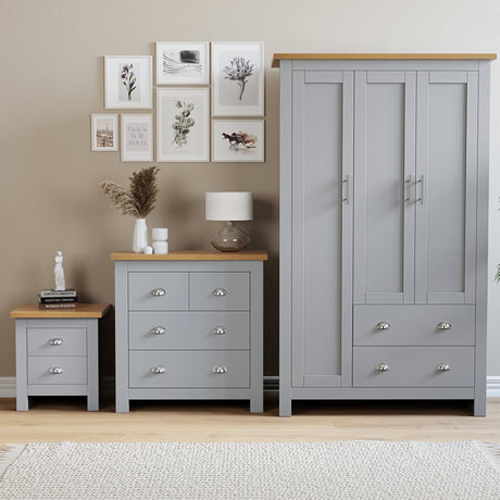 Grey furniture set for bedroom with chest of drawers bedside table and wardrobe stylish design