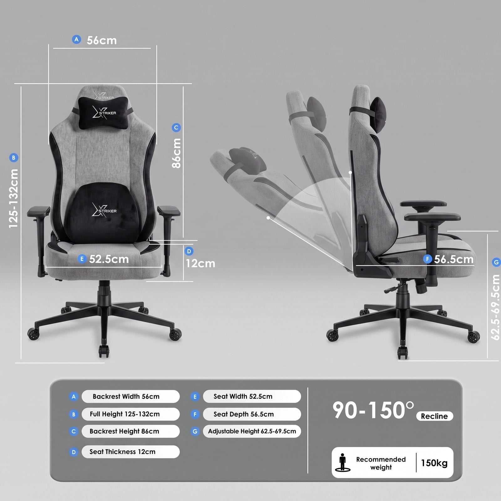 [Grey] Xstriker ergonomic chair dimensions and recline range chart, supporting up to 150kg with adjustable height and seat depth.