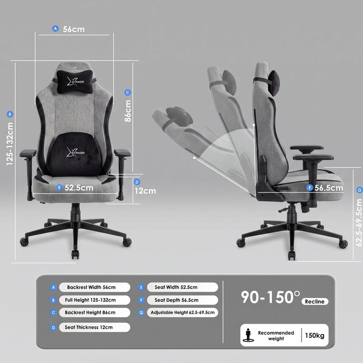 [Grey] Xstriker ergonomic chair dimensions and recline range chart, supporting up to 150kg with adjustable height and seat depth.