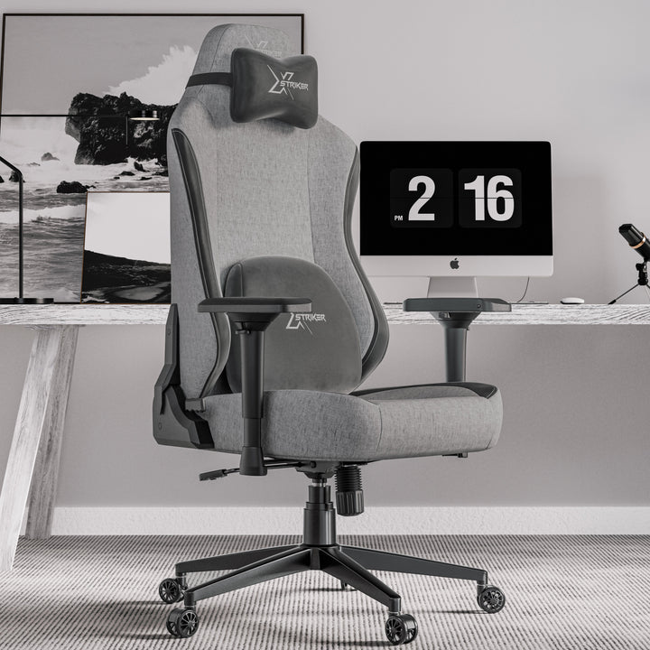 [Grey] Xstriker ergonomic home office chair in grey with high back and 4D armrests, ideal for PC gaming and long work hours.
