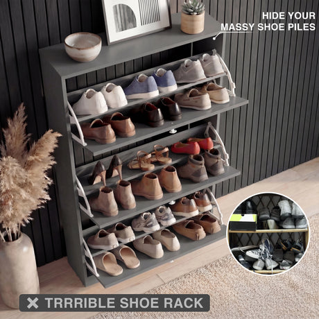 Grey tilt-out shoe cabinet displaying organised footwear across angled storage tiers