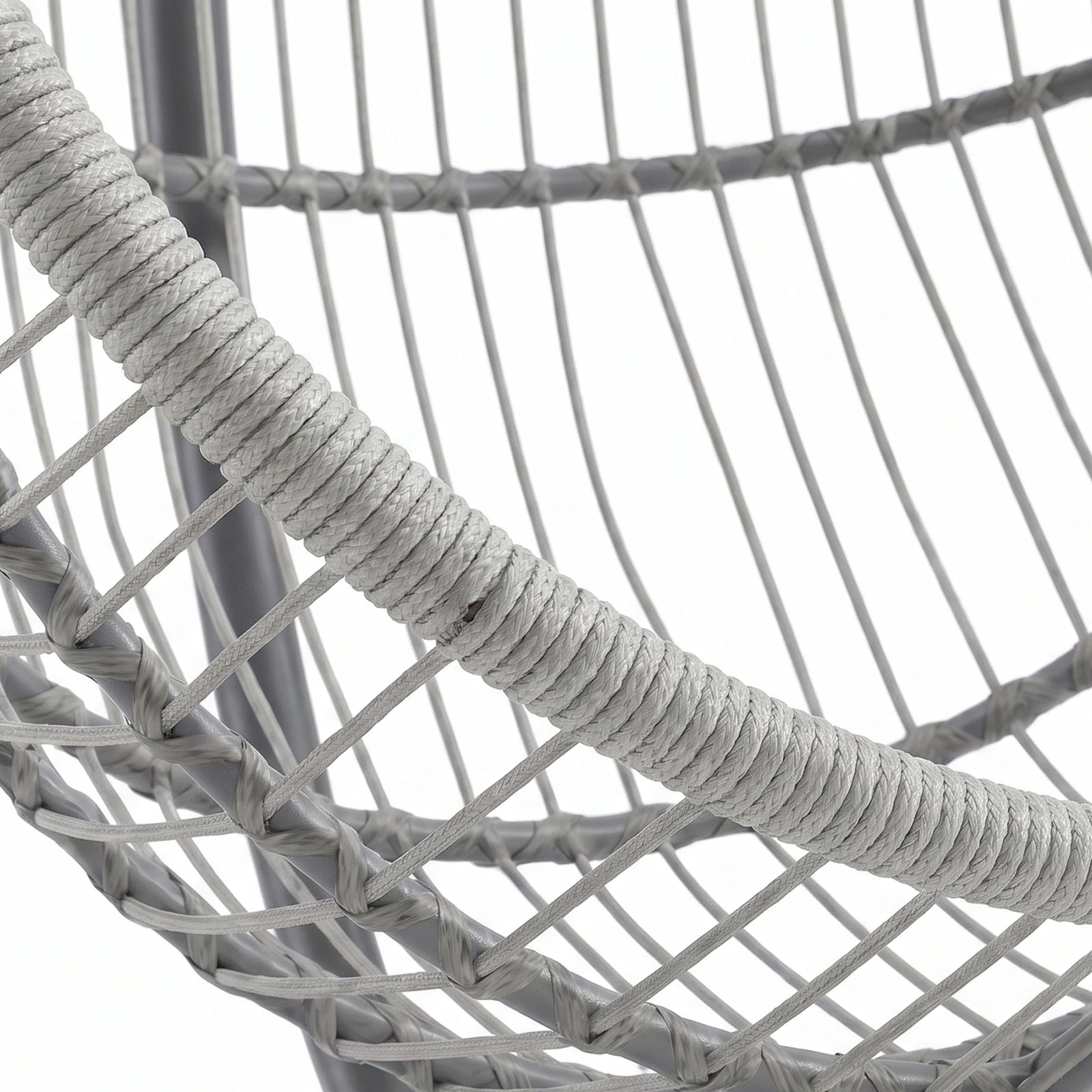 [Grey] Close-up of a gray woven chair with a rope seat on a white background