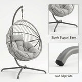 [Grey] hanging egg chair with cushions on a white background, featuring text on support base and non-slip pads