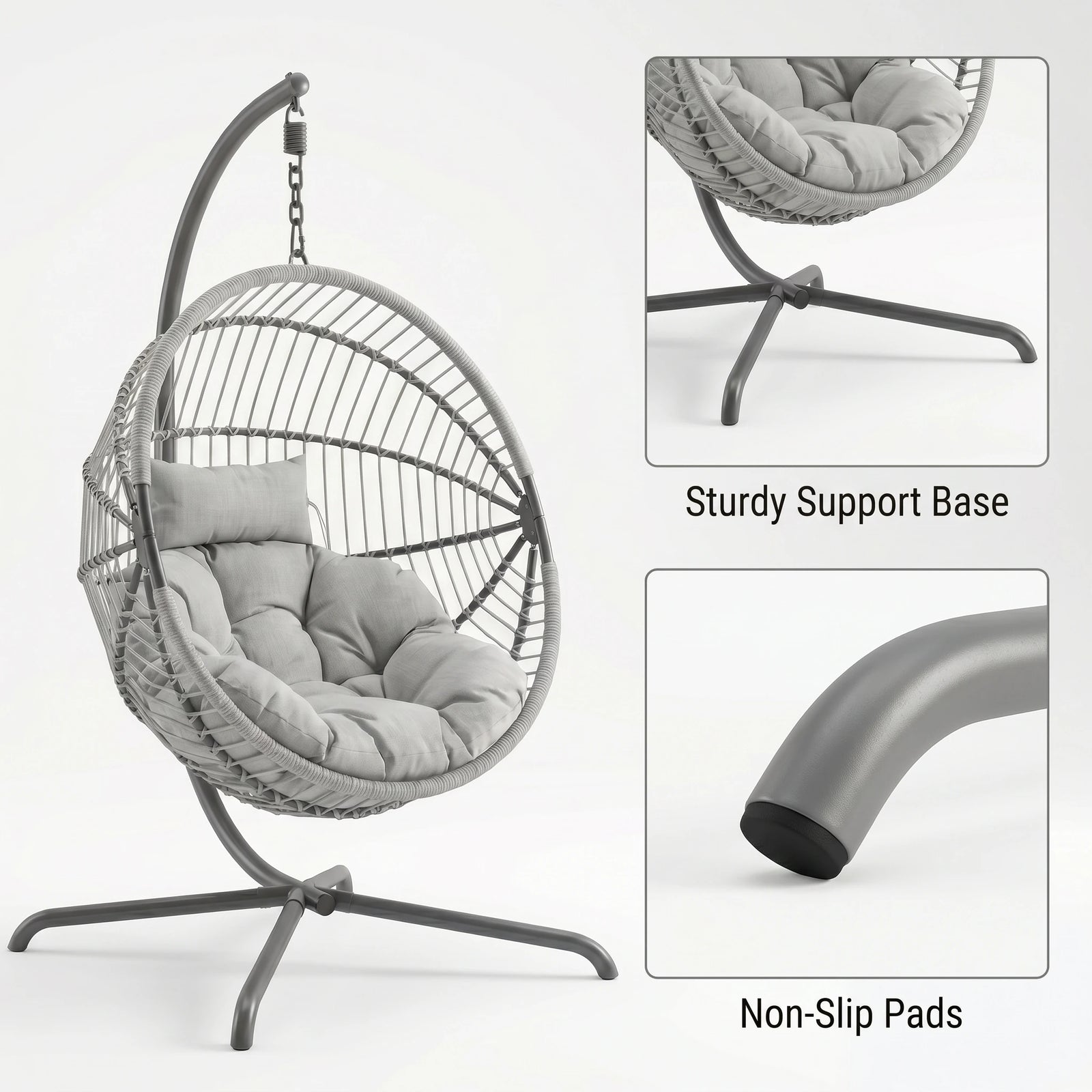 [Grey] hanging egg chair with cushions on a white background, featuring text on support base and non-slip pads